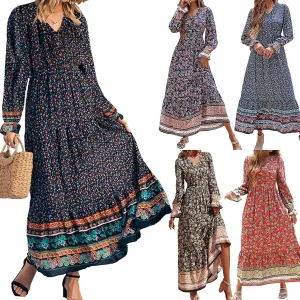 Mmoneyake Boho Dresses for Women 2024 Fall Long Sleeve V Neck Maxi Dresses High Waist Ruffle Flowy Long Dress Floral Dress