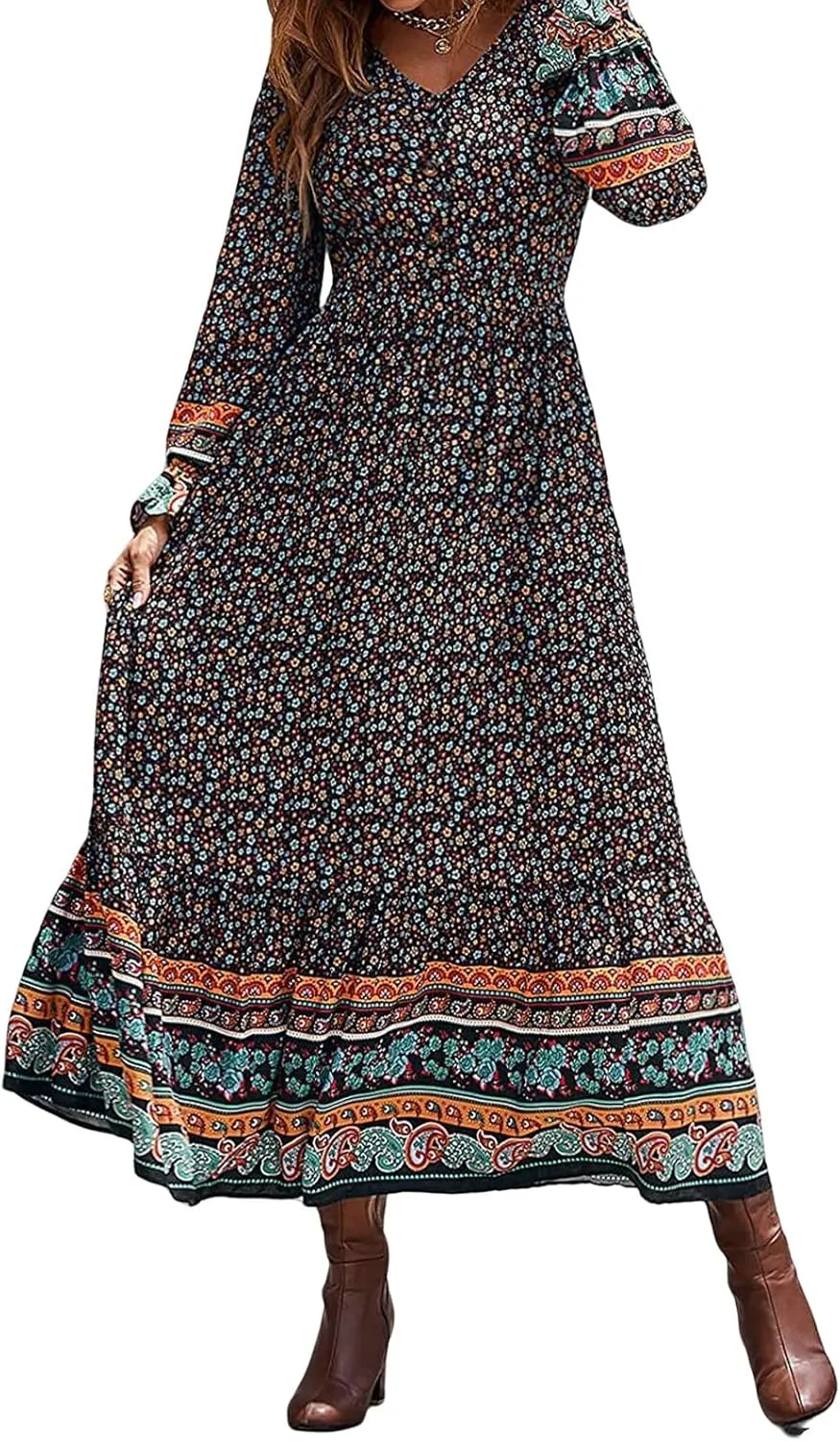 Mmoneyake Boho Dresses for Women 2024 Fall Long Sleeve V Neck Maxi Dresses High Waist Ruffle Flowy Long Dress Floral Dress