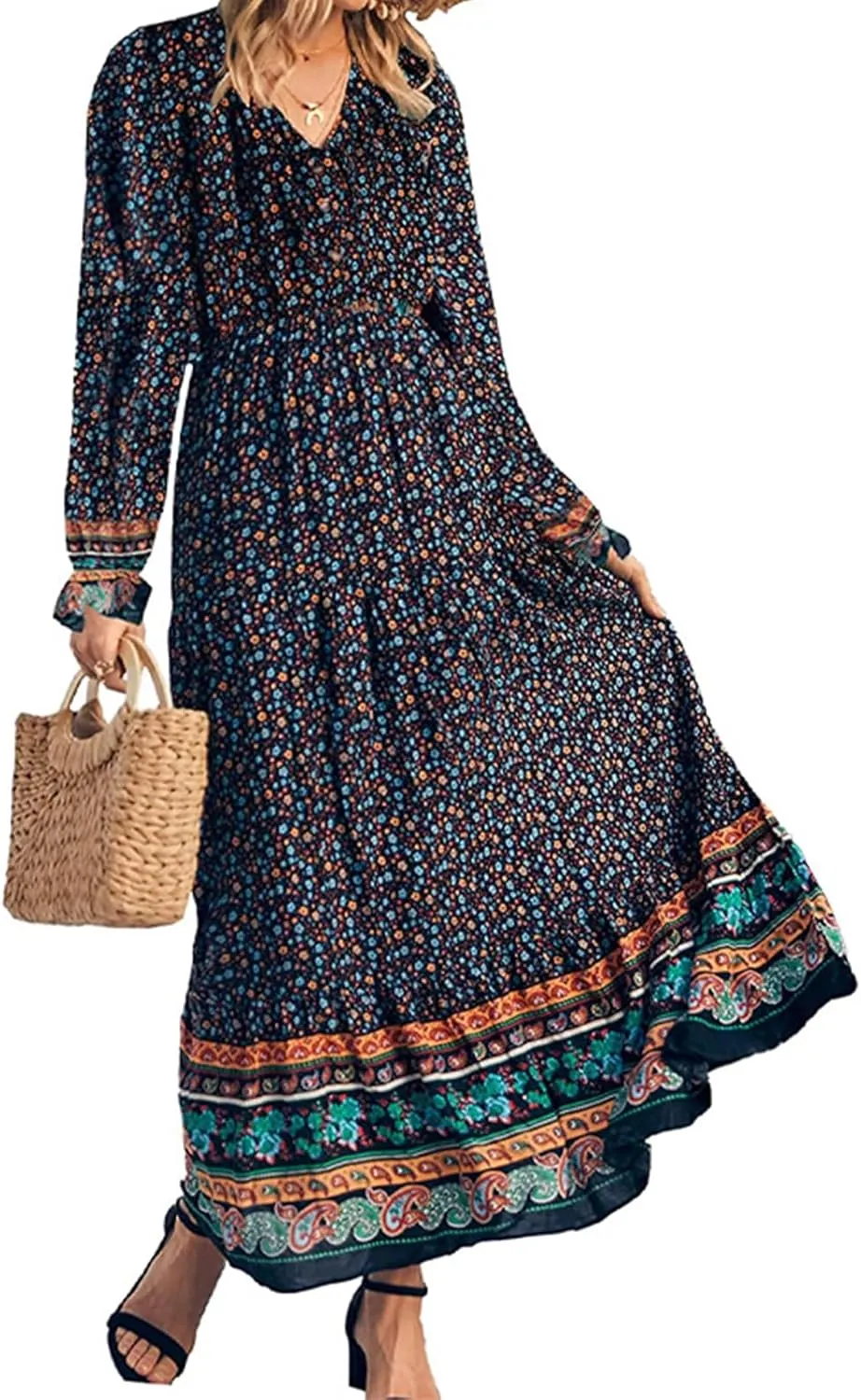 Mmoneyake Boho Dresses for Women 2024 Fall Long Sleeve V Neck Maxi Dresses High Waist Ruffle Flowy Long Dress Floral Dress