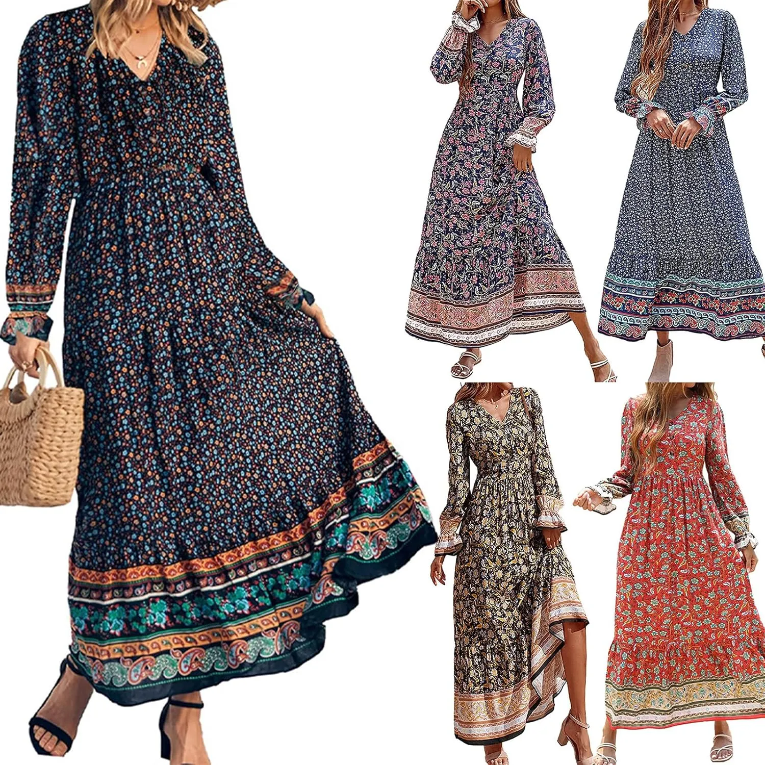 Mmoneyake Boho Dresses for Women 2024 Fall Long Sleeve V Neck Maxi Dresses High Waist Ruffle Flowy Long Dress Floral Dress
