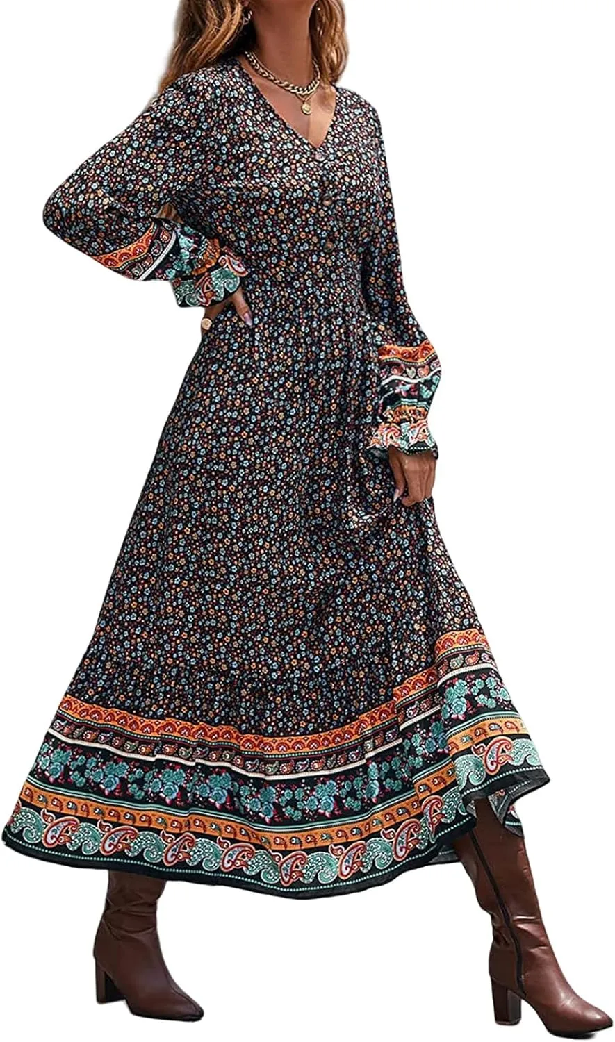 Mmoneyake Boho Dresses for Women 2024 Fall Long Sleeve V Neck Maxi Dresses High Waist Ruffle Flowy Long Dress Floral Dress