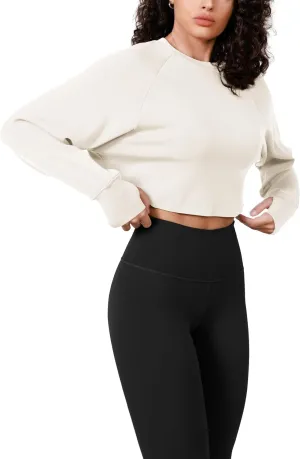 ODODOS Modal Soft Long Sleeve Cropped Sweatshirts with Thumb Hole for Women Crew Neck Pullover Crop Top