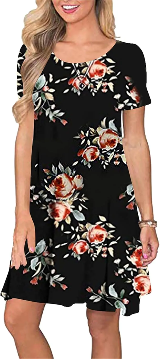 OMZIN Women Summer Crewneck Swing Dress Casual Short Sleeve Mini Dress with Pockets