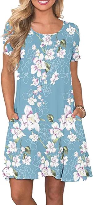 OMZIN Women Summer Crewneck Swing Dress Casual Short Sleeve Mini Dress with Pockets