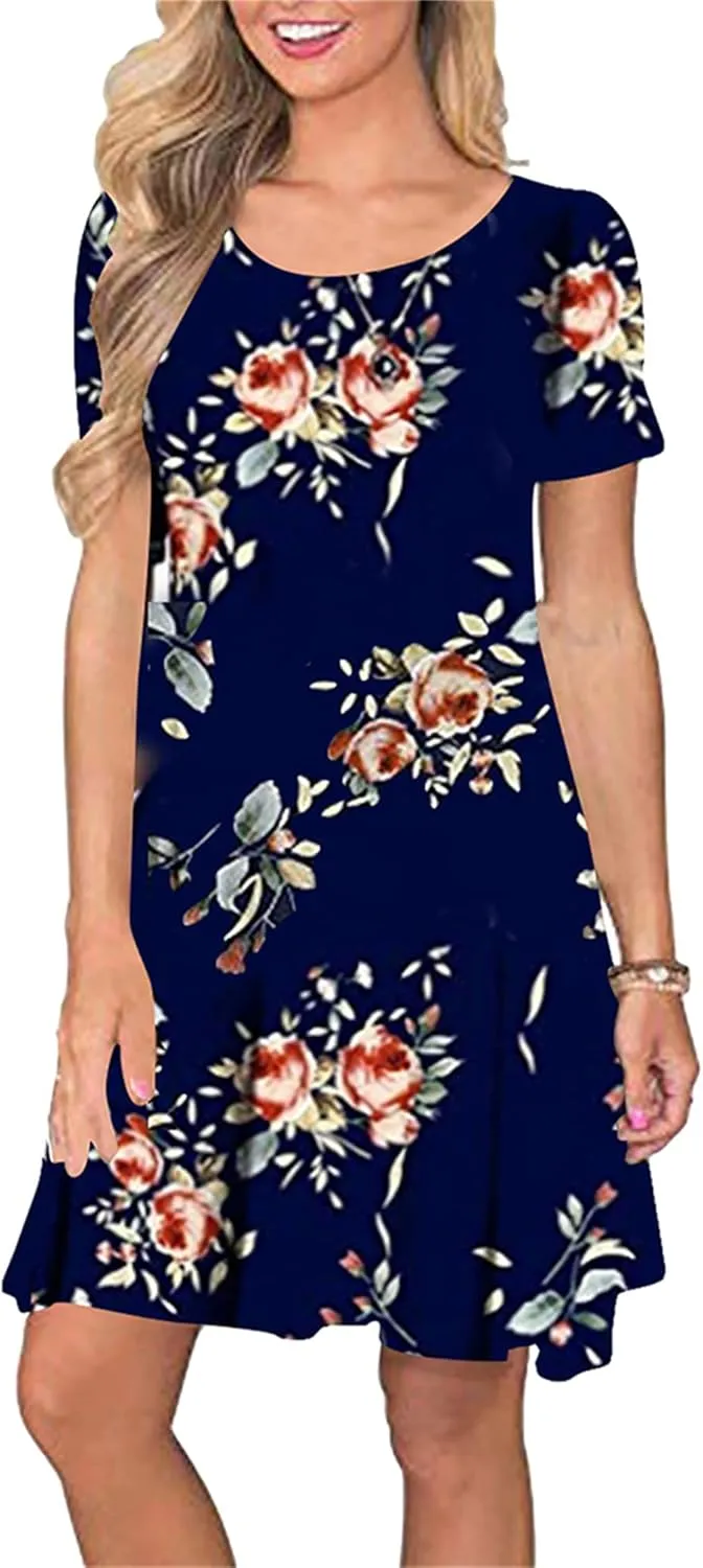 OMZIN Women Summer Crewneck Swing Dress Casual Short Sleeve Mini Dress with Pockets