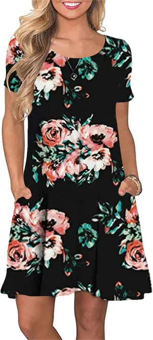 OMZIN Women Summer Crewneck Swing Dress Casual Short Sleeve Mini Dress with Pockets