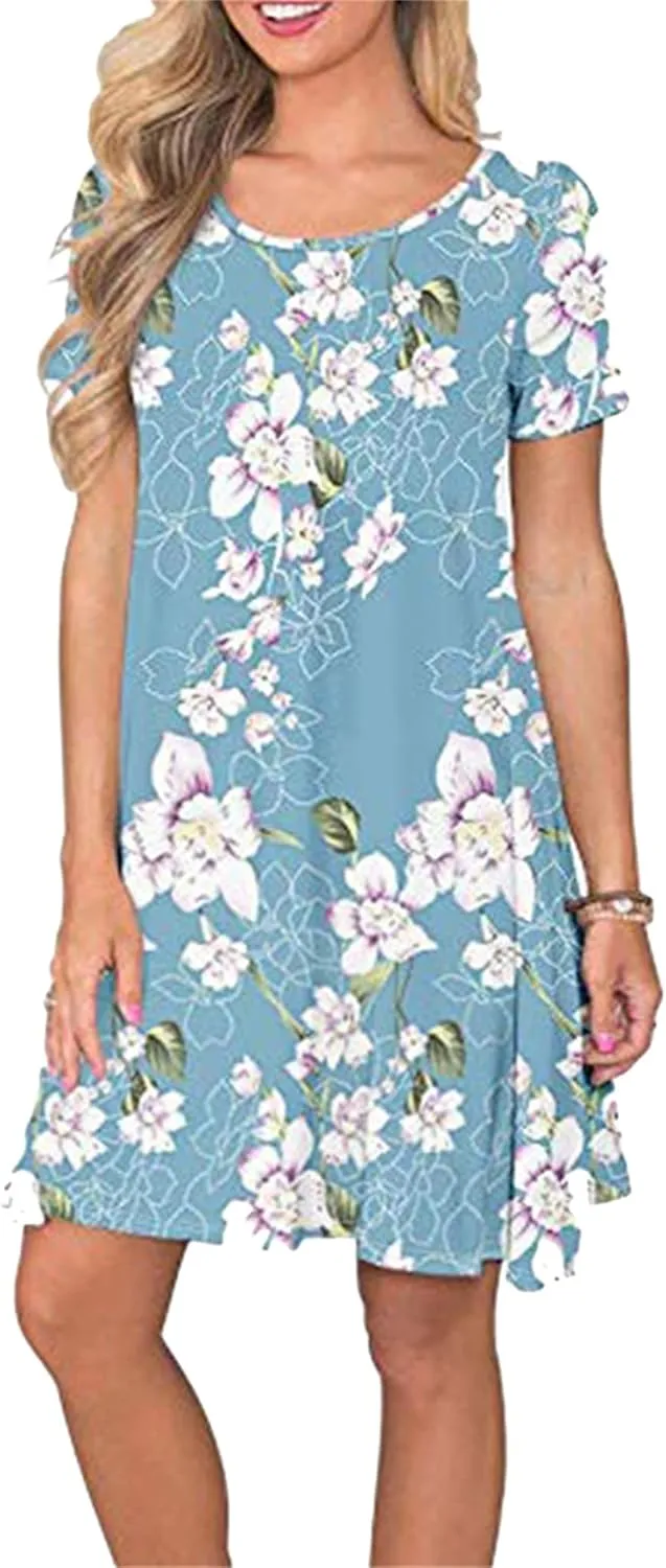 OMZIN Women Summer Crewneck Swing Dress Casual Short Sleeve Mini Dress with Pockets