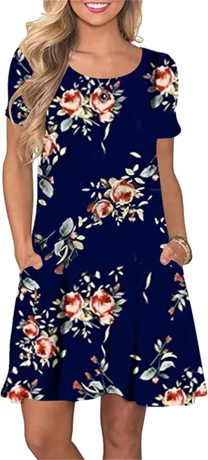 OMZIN Women Summer Crewneck Swing Dress Casual Short Sleeve Mini Dress with Pockets