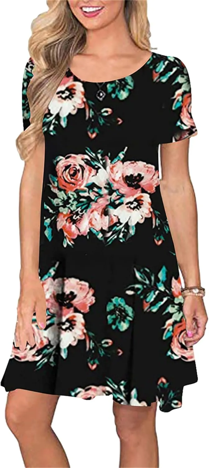 OMZIN Women Summer Crewneck Swing Dress Casual Short Sleeve Mini Dress with Pockets