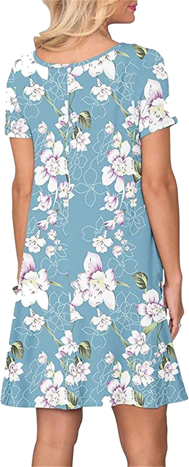 OMZIN Women Summer Crewneck Swing Dress Casual Short Sleeve Mini Dress with Pockets