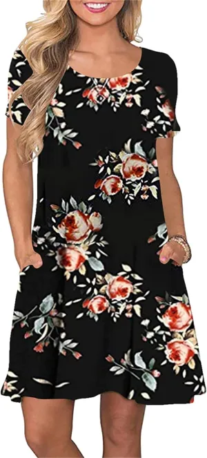 OMZIN Women Summer Crewneck Swing Dress Casual Short Sleeve Mini Dress with Pockets