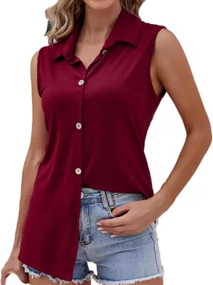 Oplxuo Women's Sleeveless Button Down Shirts Collared Work Blouses Solid Casual Loose V Neck Tank Tops