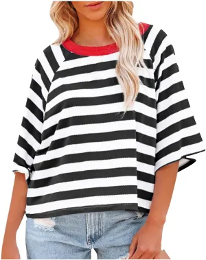 Oversized Tshirts for Women Summer 3/4 Length Sleeve Tops Casual Striped Crew Neck Tee Fashion Loose Clothes 2024
