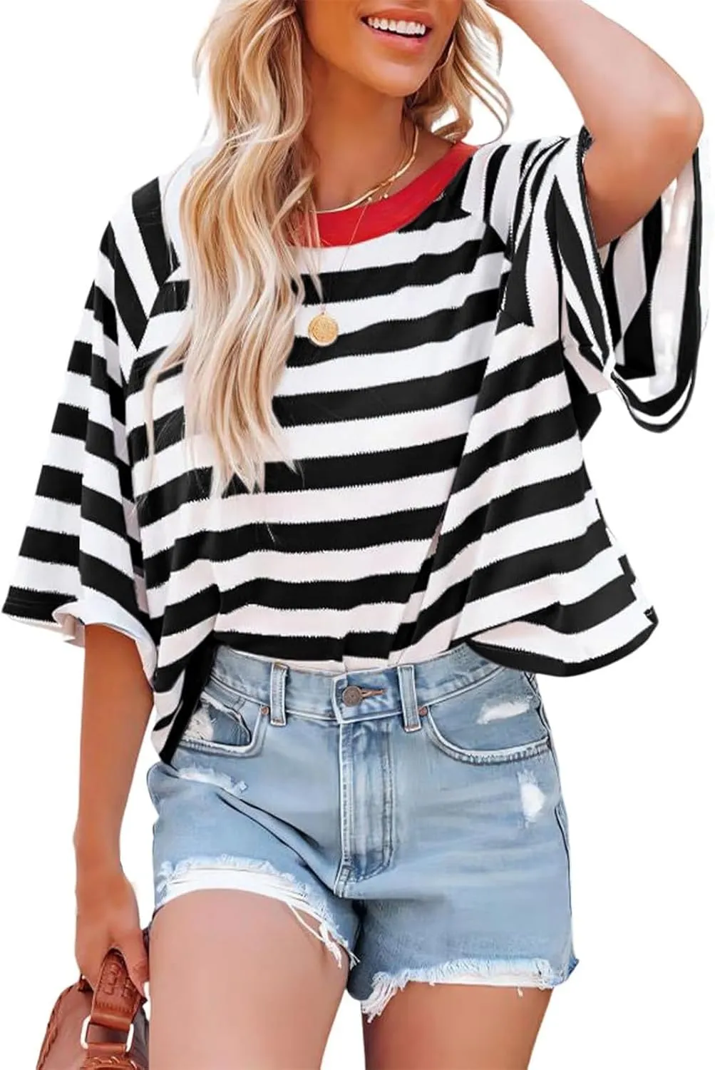 Oversized Tshirts for Women Summer 3/4 Length Sleeve Tops Casual Striped Crew Neck Tee Fashion Loose Clothes 2024