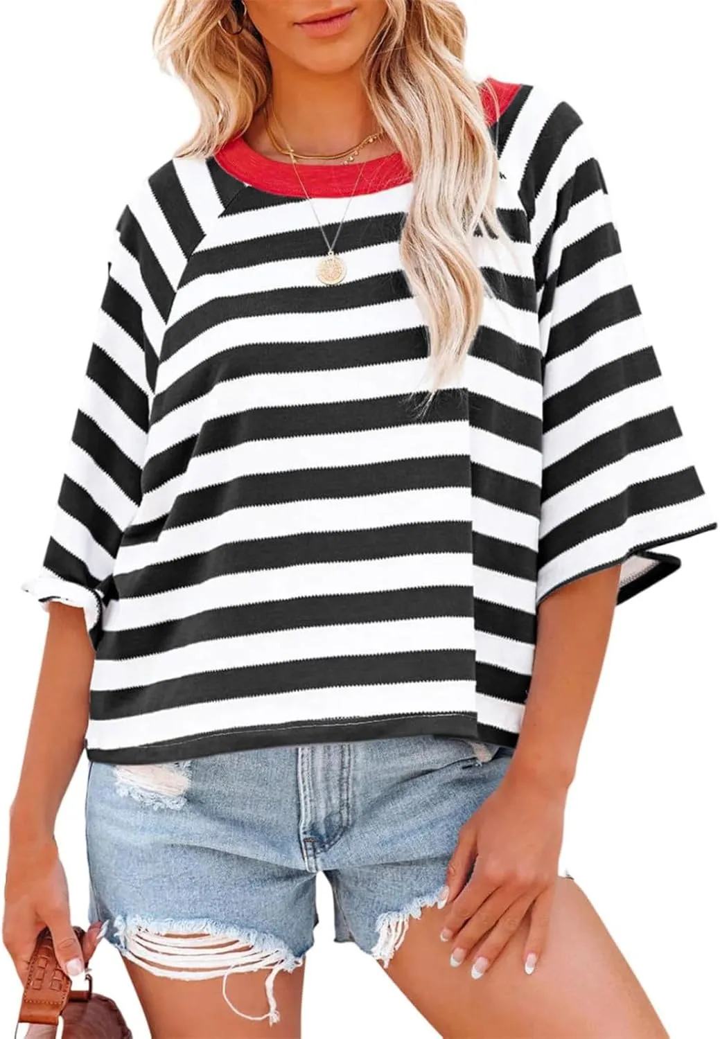 Oversized Tshirts for Women Summer 3/4 Length Sleeve Tops Casual Striped Crew Neck Tee Fashion Loose Clothes 2024