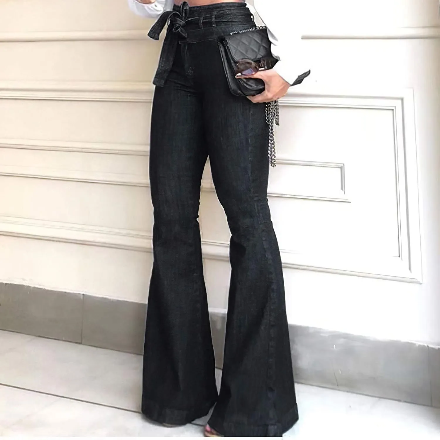 Pantete Womens High Waisted Bell Bottom Jeans Denim High Rise Flare Jean Pants with Wide Leg and Belt