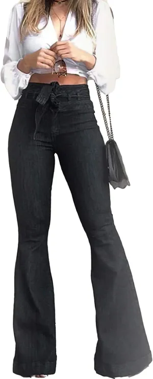 Pantete Womens High Waisted Bell Bottom Jeans Denim High Rise Flare Jean Pants with Wide Leg and Belt