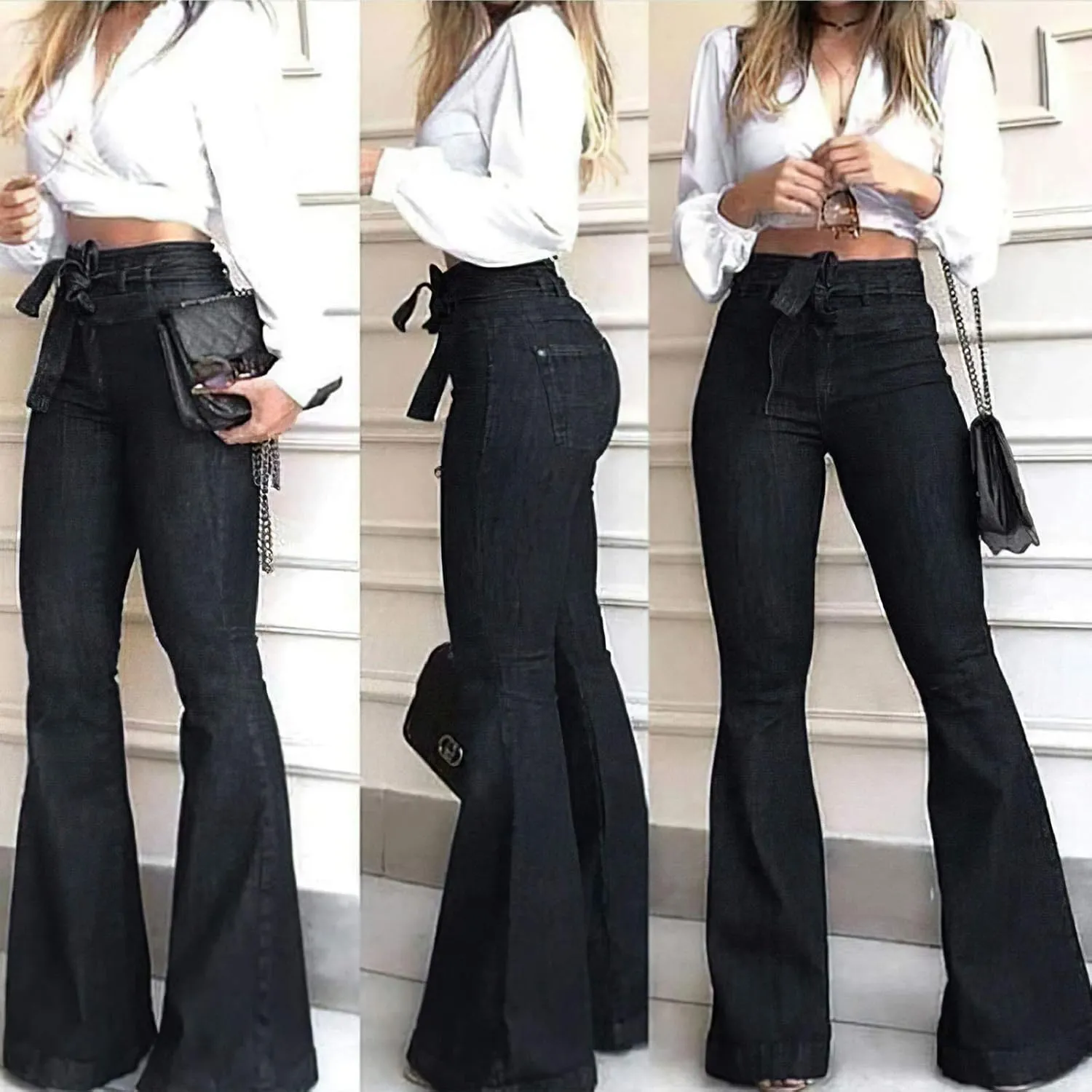 Pantete Womens High Waisted Bell Bottom Jeans Denim High Rise Flare Jean Pants with Wide Leg and Belt