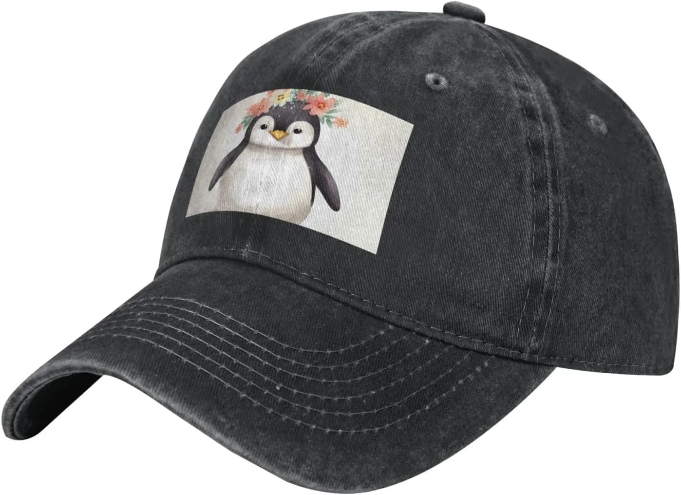 Penguin Wearing Flowers Unisex Baseball Cap Breathable Cotton Trucker Hat Classic Denim Dad Hat Summer Sun Hat