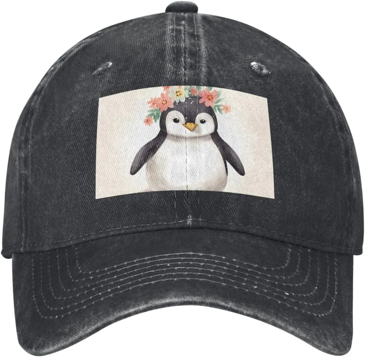 Penguin Wearing Flowers Unisex Baseball Cap Breathable Cotton Trucker Hat Classic Denim Dad Hat Summer Sun Hat