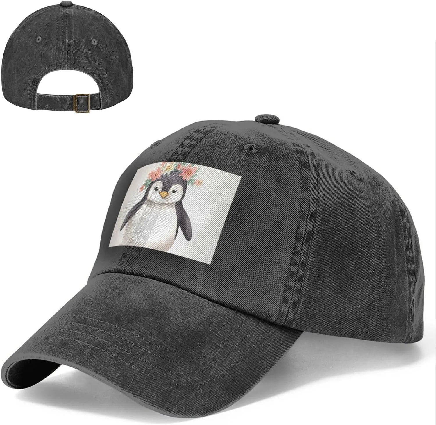 Penguin Wearing Flowers Unisex Baseball Cap Breathable Cotton Trucker Hat Classic Denim Dad Hat Summer Sun Hat