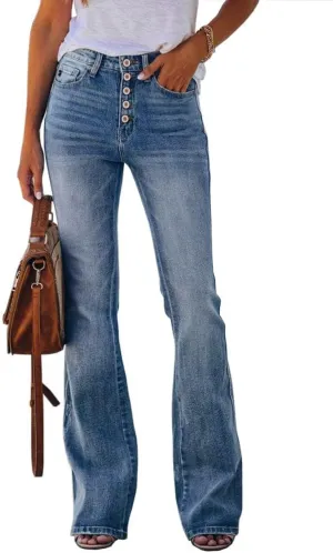 PLNOTME Womens High Waisted Jeans Boyfriend Flare Casual Stretch Bootcut Denim Pants Light Blue