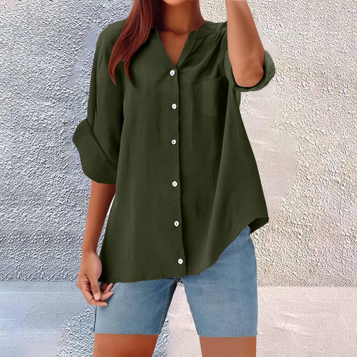 Plus Size Linen Tops Women Loose Fit Summer Casual Womens Pleated Shirts 3/4 Length Sleeve Tshirts Dressy Blouses