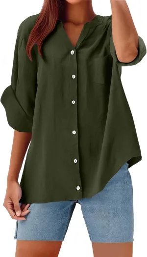 Plus Size Linen Tops Women Loose Fit Summer Casual Womens Pleated Shirts 3/4 Length Sleeve Tshirts Dressy Blouses