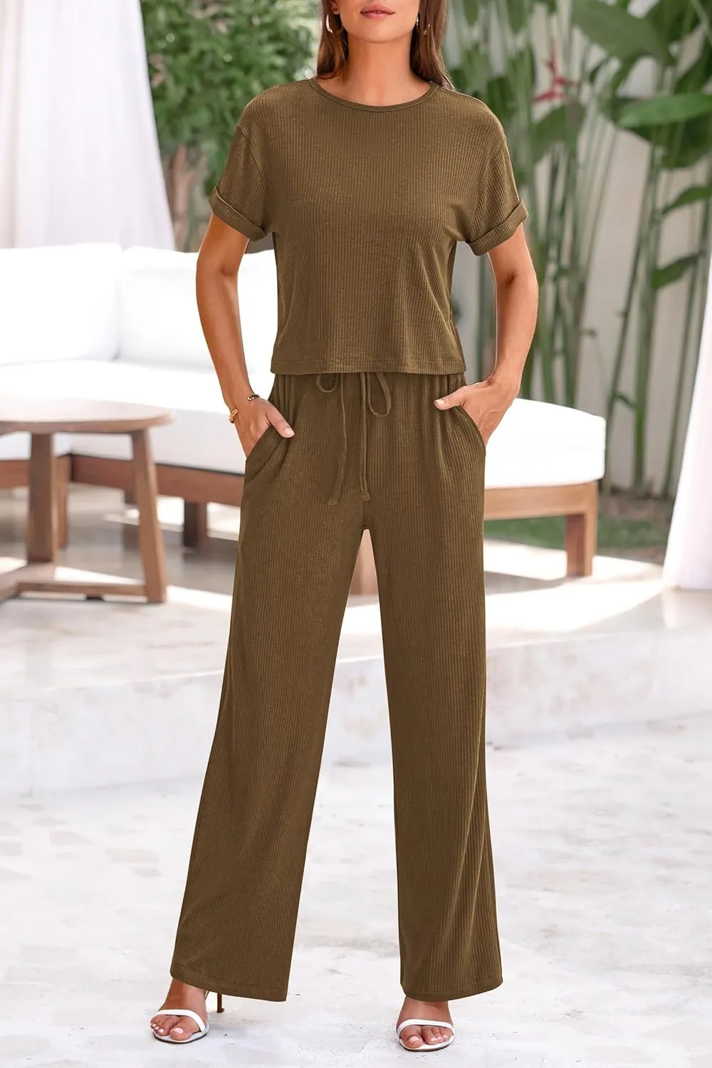 PRETTYGARDEN Women's Summer 2 Piece Knit Loungewear Short Sleeve T Shirts Wide Leg Pants Tracksuit Casual Outfits