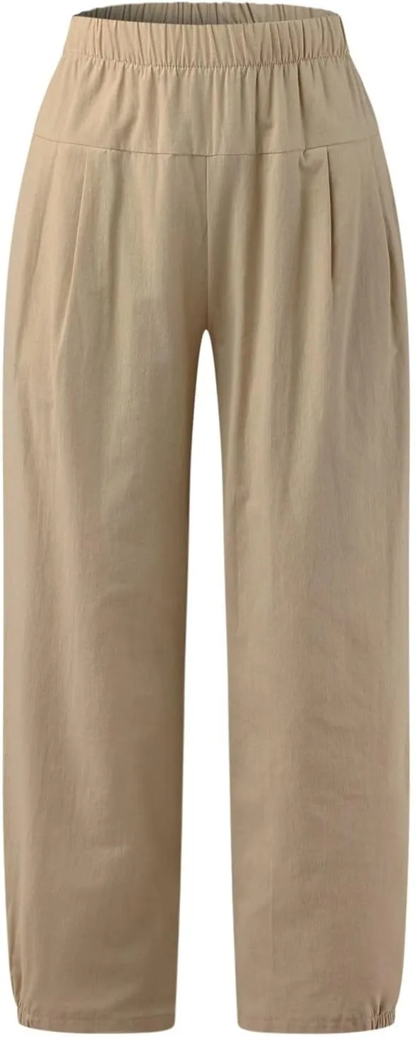 PTOLOCIF Cotton Pants for Women,Casual Cotton Linen Pants Lightweight Summer Pants Loose Fit Elastic Waist Lounge Pants