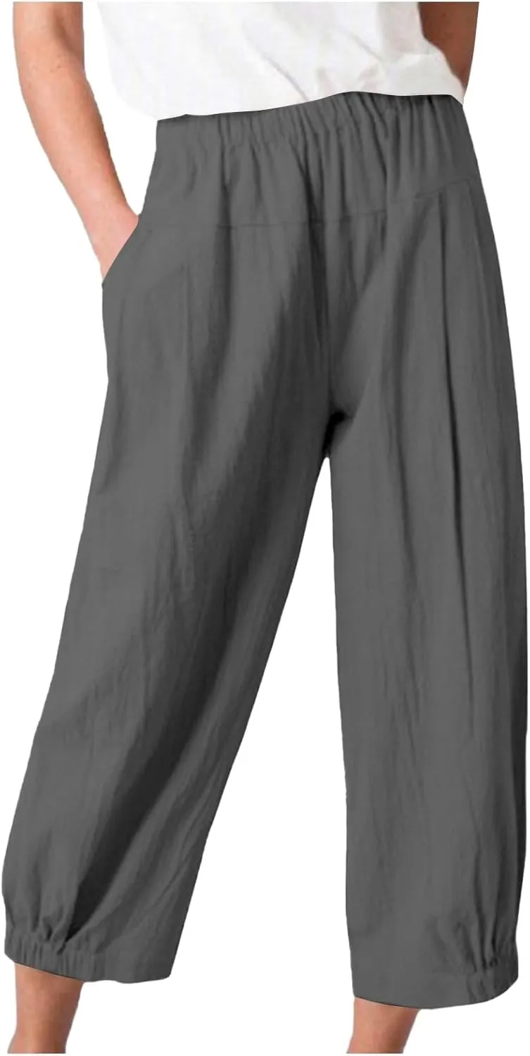 PTOLOCIF Cotton Pants for Women,Casual Cotton Linen Pants Lightweight Summer Pants Loose Fit Elastic Waist Lounge Pants
