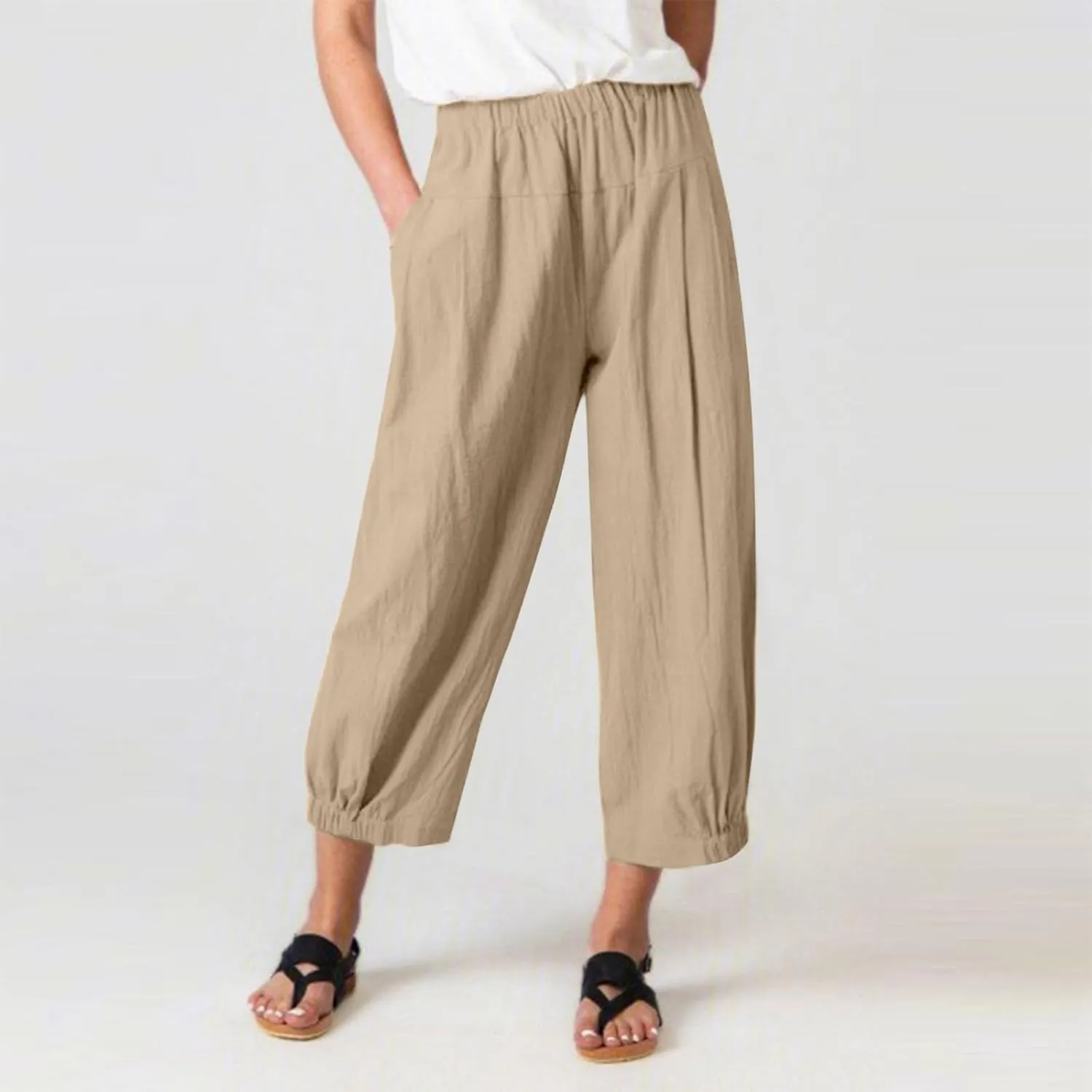 PTOLOCIF Cotton Pants for Women,Casual Cotton Linen Pants Lightweight Summer Pants Loose Fit Elastic Waist Lounge Pants