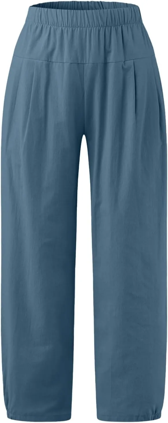 PTOLOCIF Cotton Pants for Women,Casual Cotton Linen Pants Lightweight Summer Pants Loose Fit Elastic Waist Lounge Pants