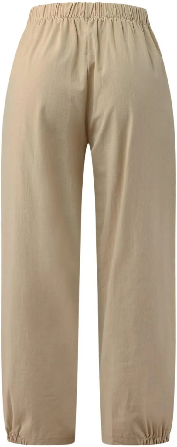 PTOLOCIF Cotton Pants for Women,Casual Cotton Linen Pants Lightweight Summer Pants Loose Fit Elastic Waist Lounge Pants