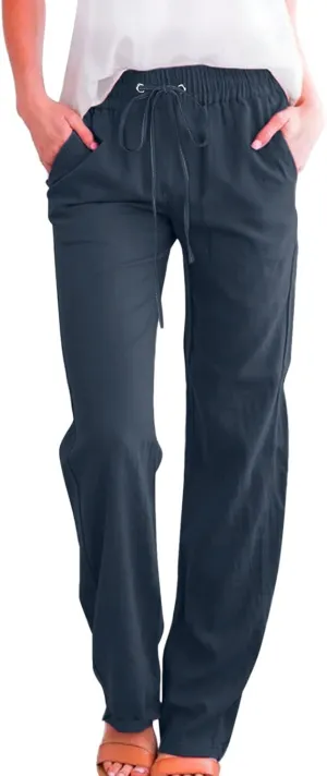 PTOLOCIF Flowy Pants for Women,Casual Cotton Linen Pants Lightweight Summer Pants Loose Fit Elastic Waist Lounge Pants