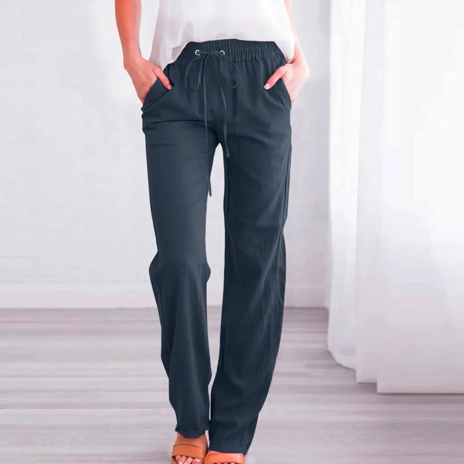 PTOLOCIF Flowy Pants for Women,Casual Cotton Linen Pants Lightweight Summer Pants Loose Fit Elastic Waist Lounge Pants