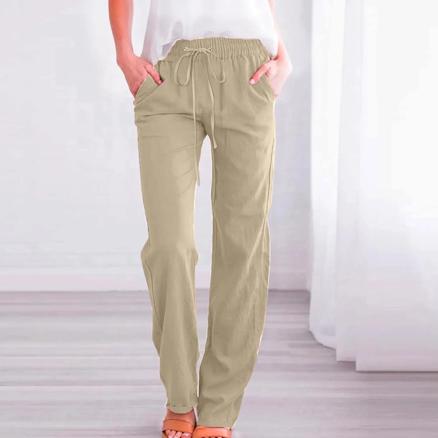PTOLOCIF Flowy Pants for Women,Casual Cotton Linen Pants Lightweight Summer Pants Loose Fit Elastic Waist Lounge Pants