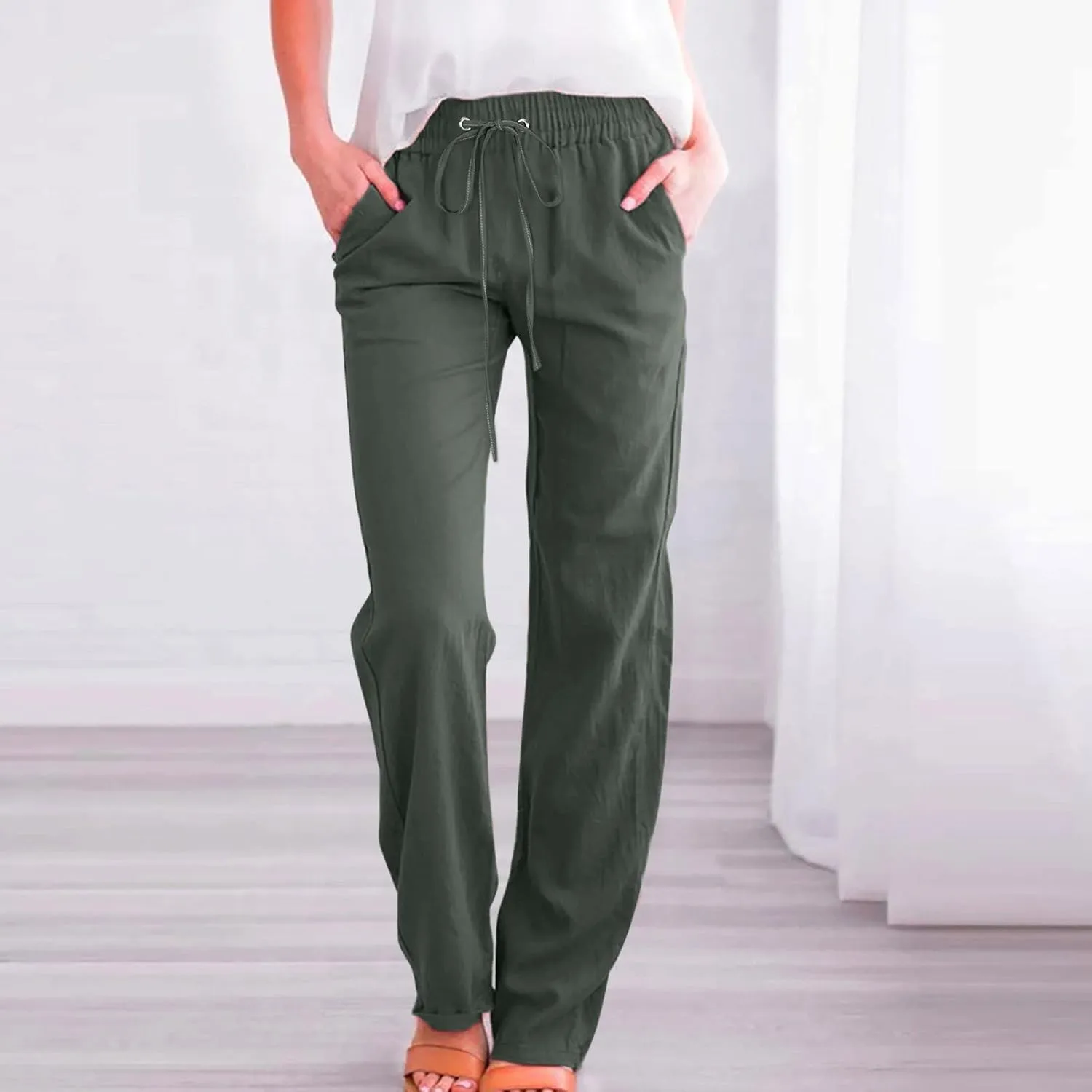 PTOLOCIF Flowy Pants for Women,Casual Cotton Linen Pants Lightweight Summer Pants Loose Fit Elastic Waist Lounge Pants