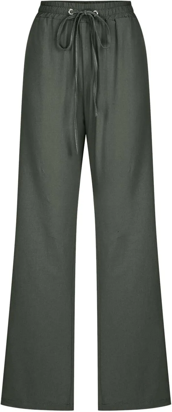 PTOLOCIF Flowy Pants for Women,Casual Cotton Linen Pants Lightweight Summer Pants Loose Fit Elastic Waist Lounge Pants