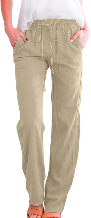 PTOLOCIF Flowy Pants for Women,Casual Cotton Linen Pants Lightweight Summer Pants Loose Fit Elastic Waist Lounge Pants