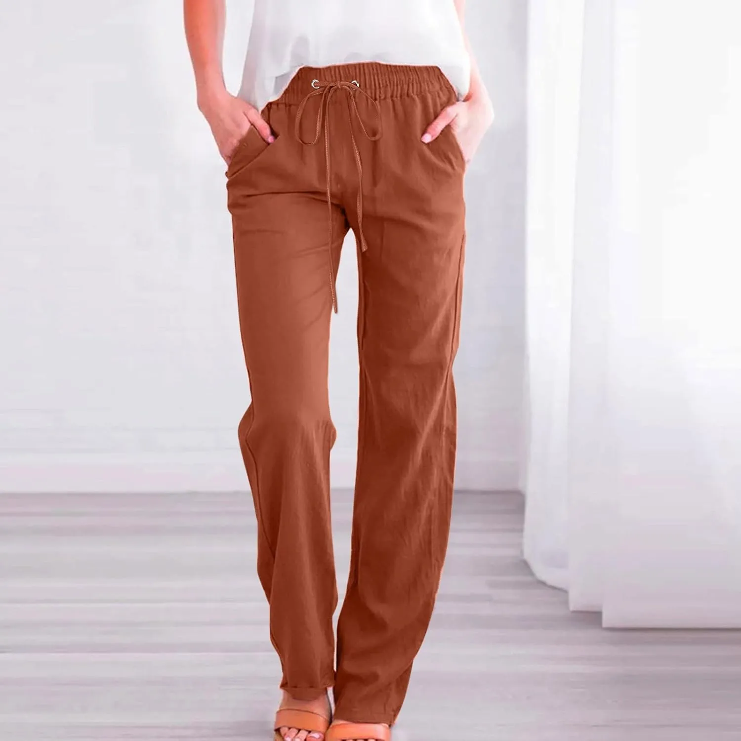 PTOLOCIF Flowy Pants for Women,Casual Cotton Linen Pants Lightweight Summer Pants Loose Fit Elastic Waist Lounge Pants