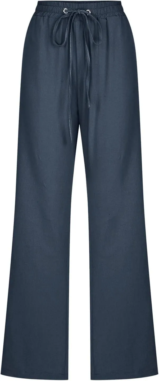 PTOLOCIF Flowy Pants for Women,Casual Cotton Linen Pants Lightweight Summer Pants Loose Fit Elastic Waist Lounge Pants