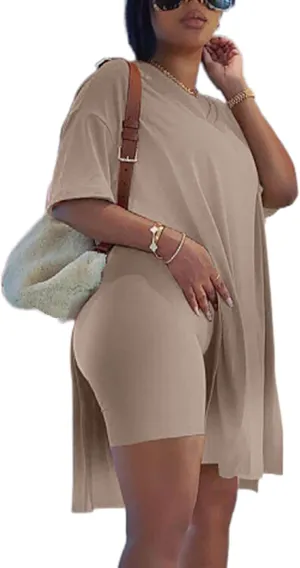 qfmqkpi Women’s Casual 2 Piece Outfits V Neck Side Split Tops and Shorts Set Tracksuit
