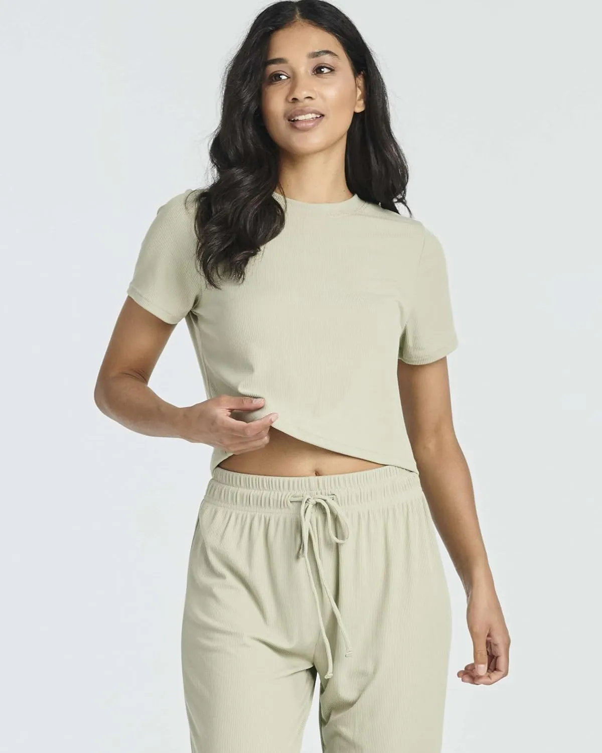 Real Essentials 2 Pack: Women's Ribbed Knit Cropped Short Sleeve Top with Jogger Sweatpants Lounge Set Sleep