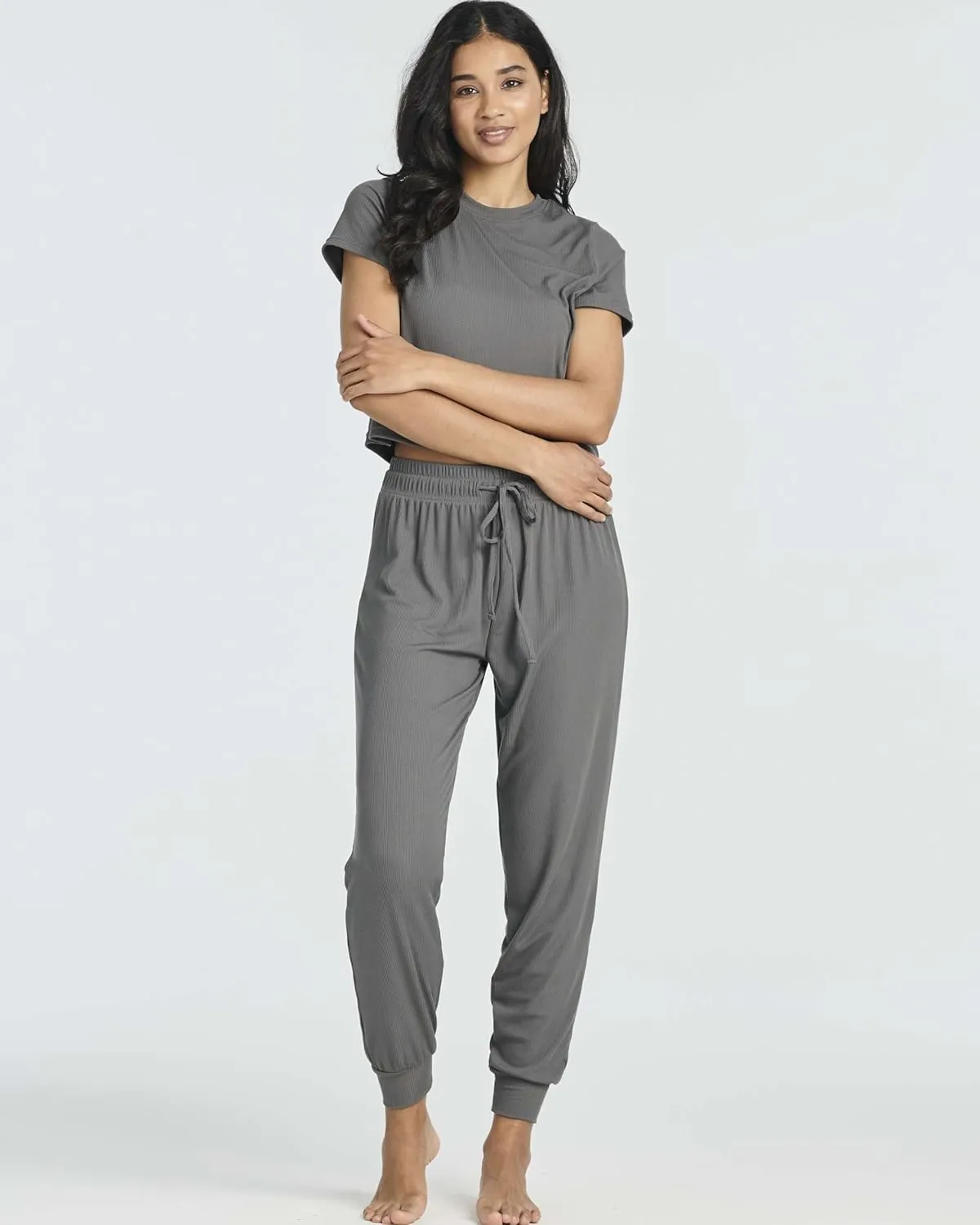 Real Essentials 2 Pack: Women's Ribbed Knit Cropped Short Sleeve Top with Jogger Sweatpants Lounge Set Sleep