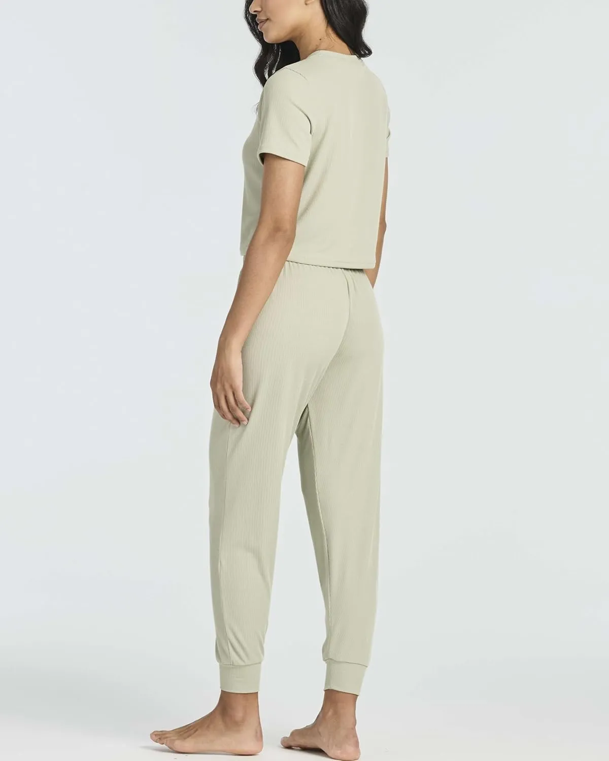 Real Essentials 2 Pack: Women's Ribbed Knit Cropped Short Sleeve Top with Jogger Sweatpants Lounge Set Sleep