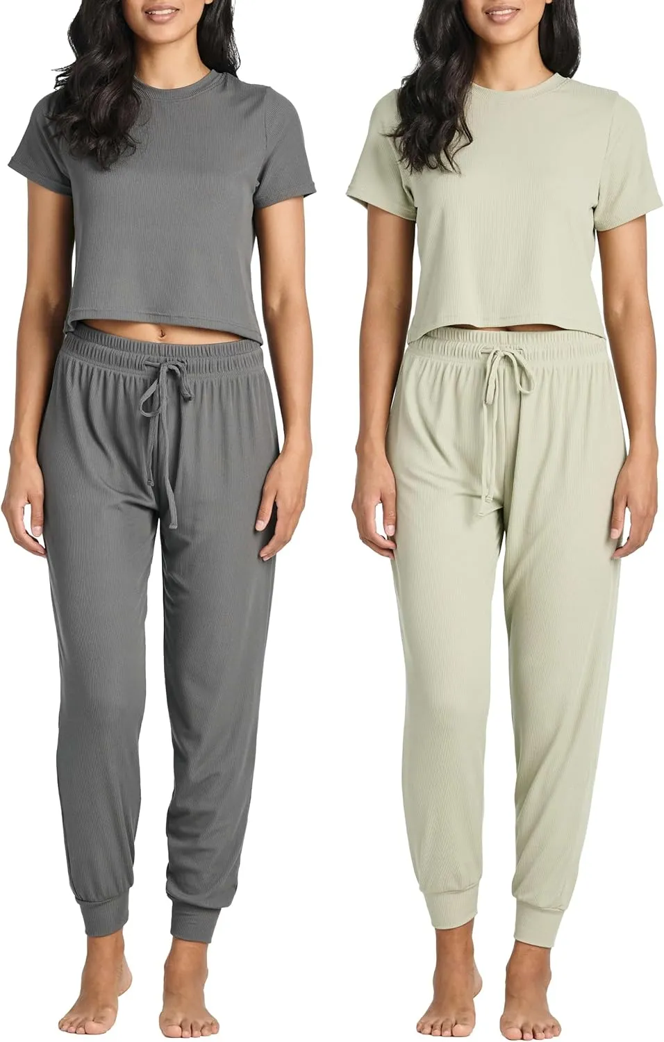 Real Essentials 2 Pack: Women's Ribbed Knit Cropped Short Sleeve Top with Jogger Sweatpants Lounge Set Sleep