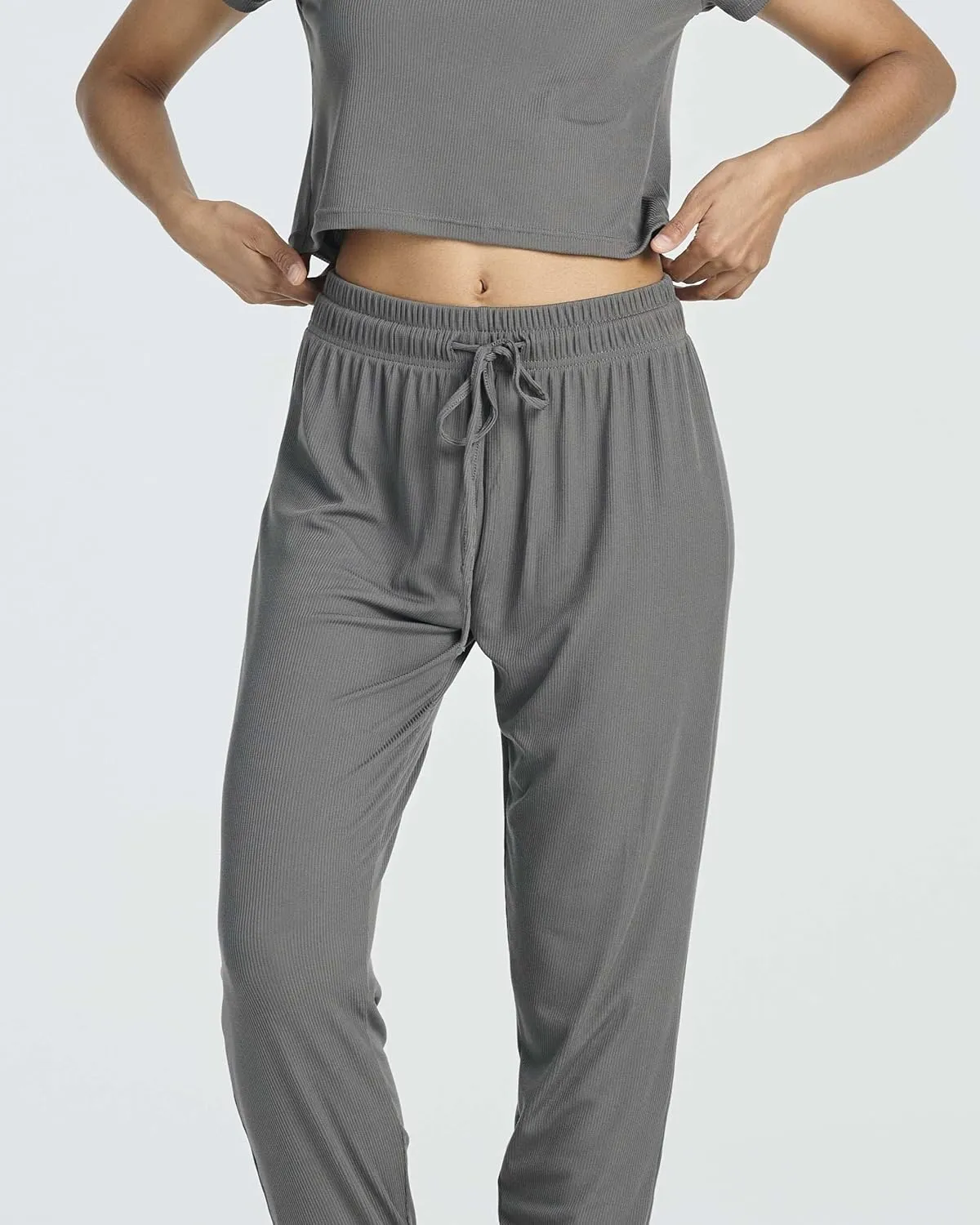 Real Essentials 2 Pack: Women's Ribbed Knit Cropped Short Sleeve Top with Jogger Sweatpants Lounge Set Sleep