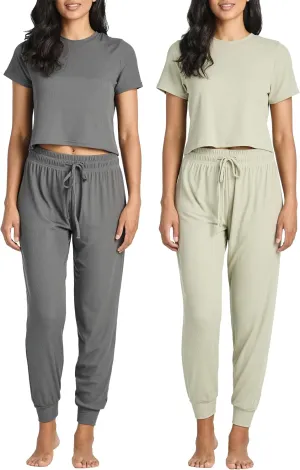 Real Essentials 2 Pack: Women's Ribbed Knit Cropped Short Sleeve Top with Jogger Sweatpants Lounge Set Sleep