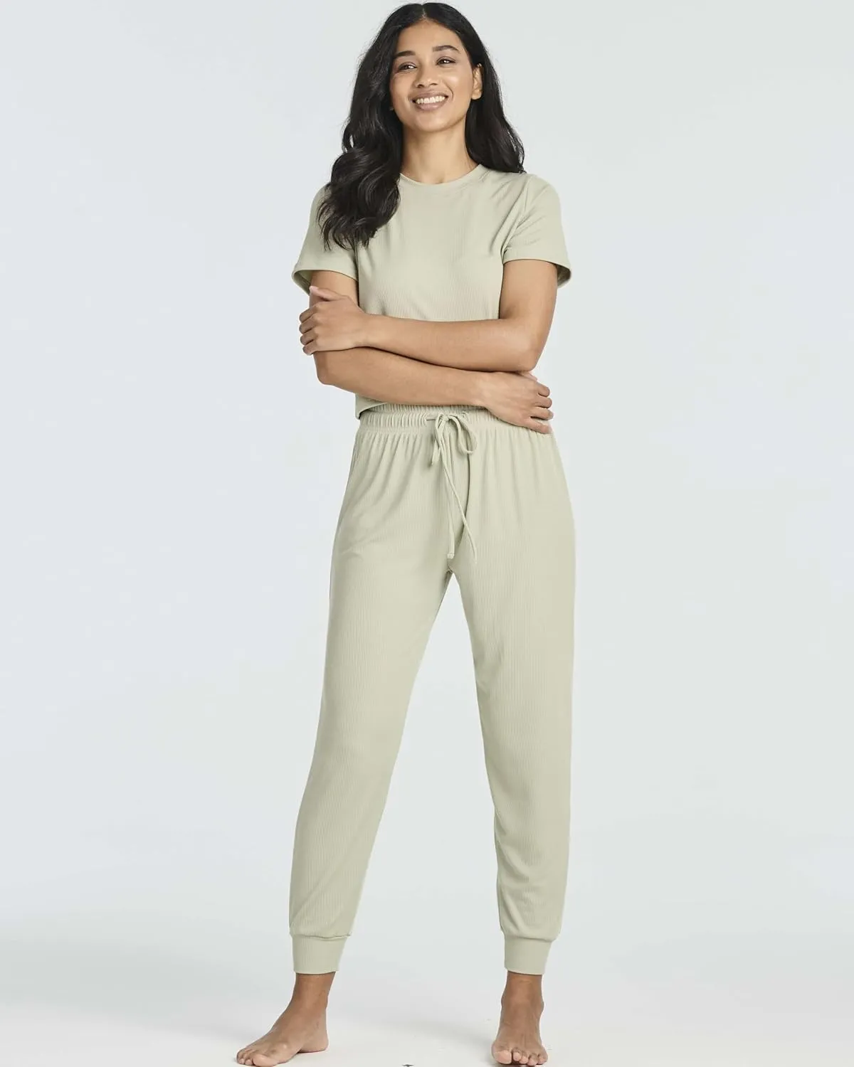 Real Essentials 2 Pack: Women's Ribbed Knit Cropped Short Sleeve Top with Jogger Sweatpants Lounge Set Sleep